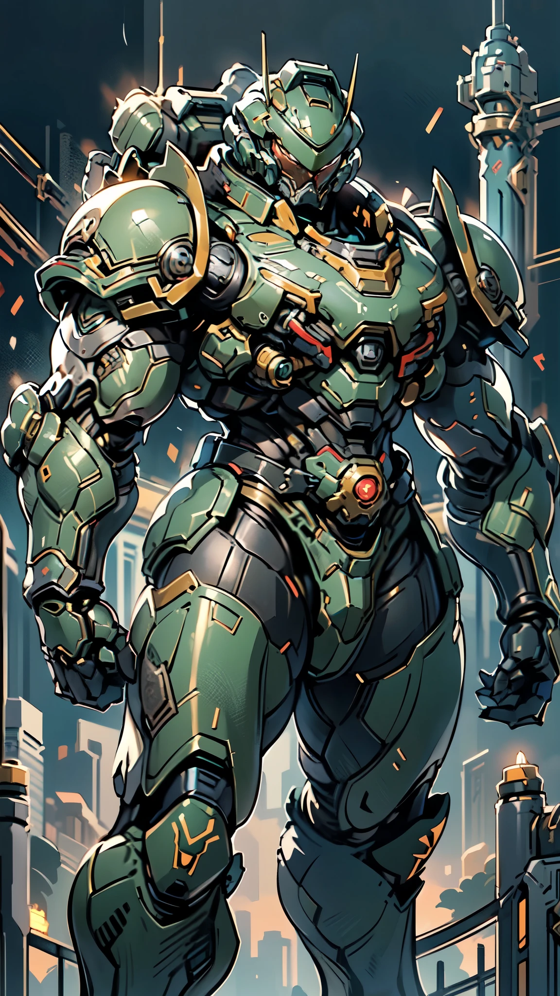 (masterpiece:1.5, best quality:1.5, extremely delicate:1.5), ((male:1.5)), a man wearing a full-face helmet, a biotech armored combat suit, green eyes, (a composite layered chest armor), fully enclosed shoulder guards, matching arm and leg guards, a belt of gemstone, (the color scheme is primarily Red with Blue and Green accents), the design balances heavy with agility, a high-tech bio-mecha armor, (Armor Concept Inspired by Space Marines, stand of a futuristic sci-fi city), this character embodies a finely crafted fantasy-style armored hero in anime style, exquisite and mature manga art style, (element, plasma, energy, the armor glows), metallic, high definition, highres, ultra-detailed, ultra-fine painting, professional, perfect body proportions, golden ratio, anatomically correct, symmetrical face, extremely detailed eyes and face, high quality eyes, creativity, RAW photo, UHD, 32k, Natural light, cinematic lighting, masterpiece-anatomy-perfect