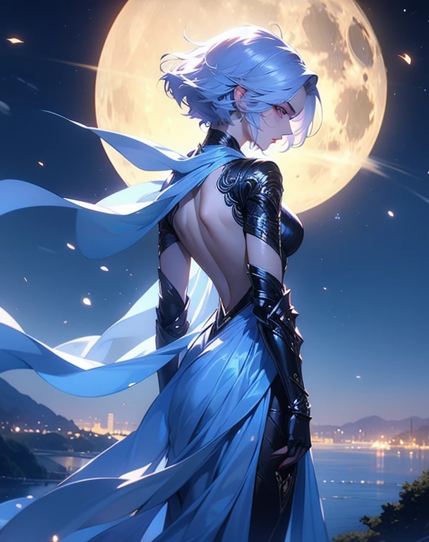 Top quality, masterpiece, beautiful face, beautiful hair, beautiful skin, narrow eyes, beautiful eyes, fine skin, beautiful back view,
girl, strong wind, short hair, humanoid weapon, destruction, full moon, individualism