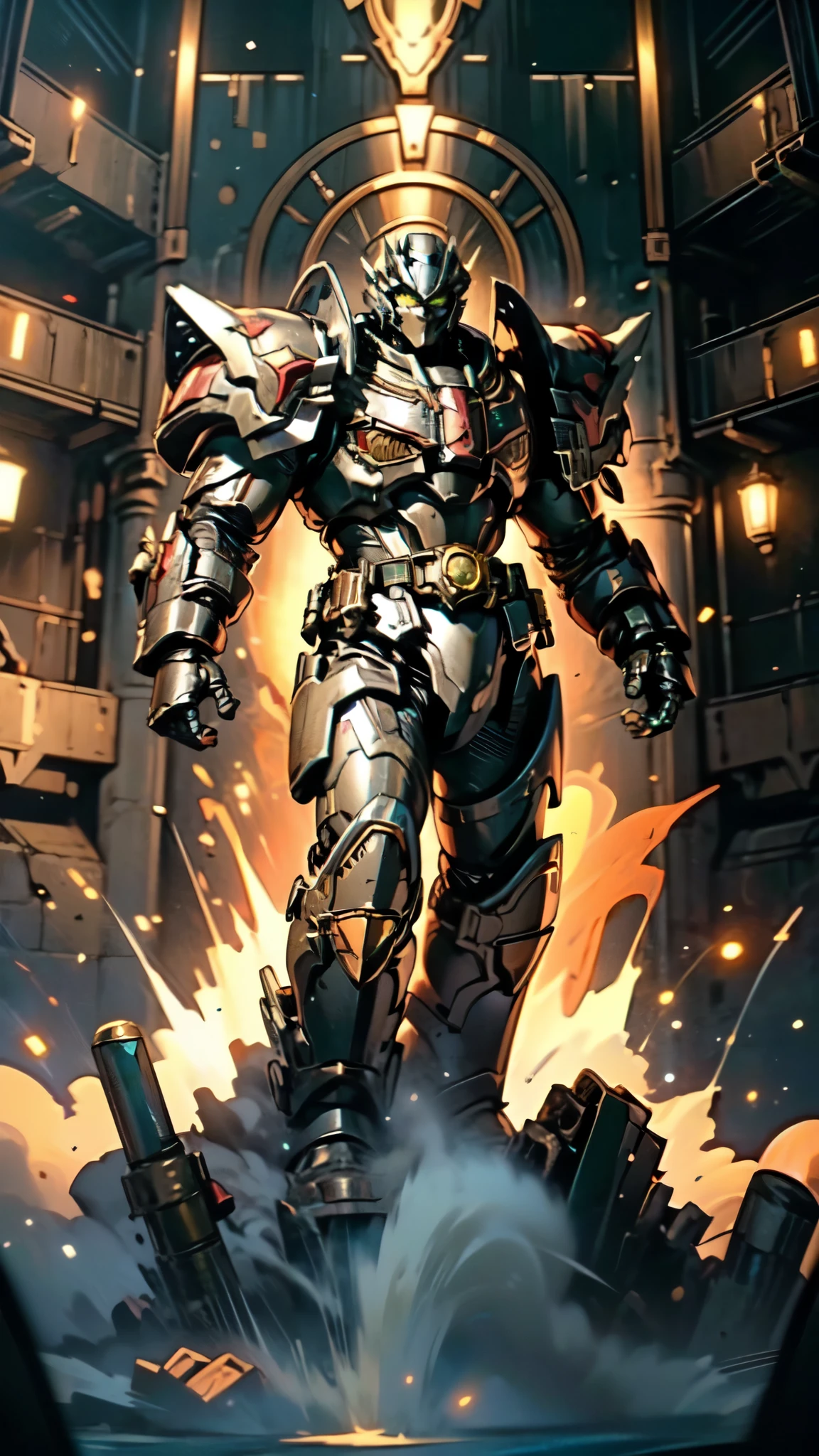 (masterpiece:1.5, best quality:1.5, extremely delicate:1.5), ((male:1.5)), a man wearing a full-face helmet, a biotech armored combat suit, green eyes, (a composite layered chest armor), fully enclosed shoulder guards, matching arm and leg guards, a belt of gemstone, (the color scheme is primarily Red with Blue and Green accents), the design balances heavy with agility, a high-tech bio-mecha armor, (Armor Concept Inspired by Space Marines, stand of a futuristic sci-fi city), this character embodies a finely crafted fantasy-style armored hero in anime style, exquisite and mature manga art style, (element, plasma, energy, the armor glows), metallic, high definition, highres, ultra-detailed, ultra-fine painting, professional, perfect body proportions, golden ratio, anatomically correct, symmetrical face, extremely detailed eyes and face, high quality eyes, creativity, RAW photo, UHD, 32k, Natural light, cinematic lighting, masterpiece-anatomy-perfect