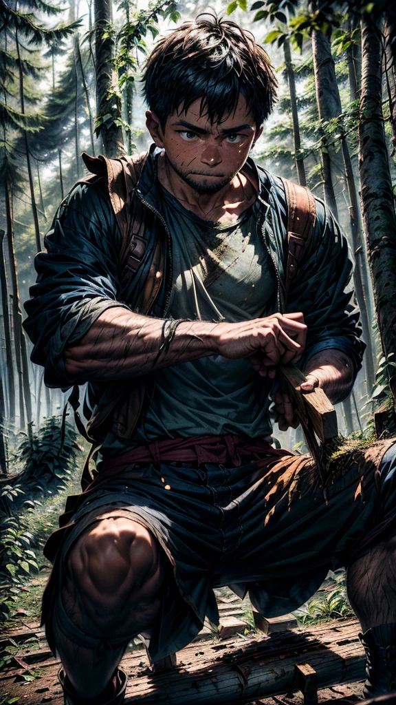 Depict a humble woodcutter in simple, tattered clothes, chopping wood in a dense forest during early morning light. His face shows signs of hard work and determination, with a small pile of logs beside him, surrounded by lush green trees."