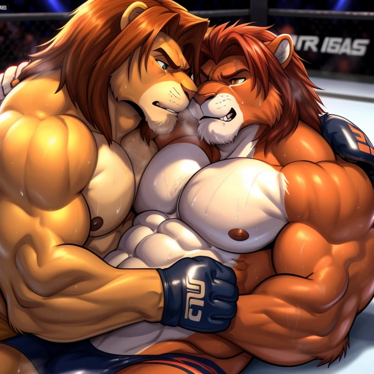 “((Masterpiece)), realistic style, ultra-detailed, high-quality, two anthro lions with muscular builds wearing boxing gloves and trunks, locked in a clinch inside the ring, struggling with exhaustion, coated in sweat and showing signs of fatigue.”