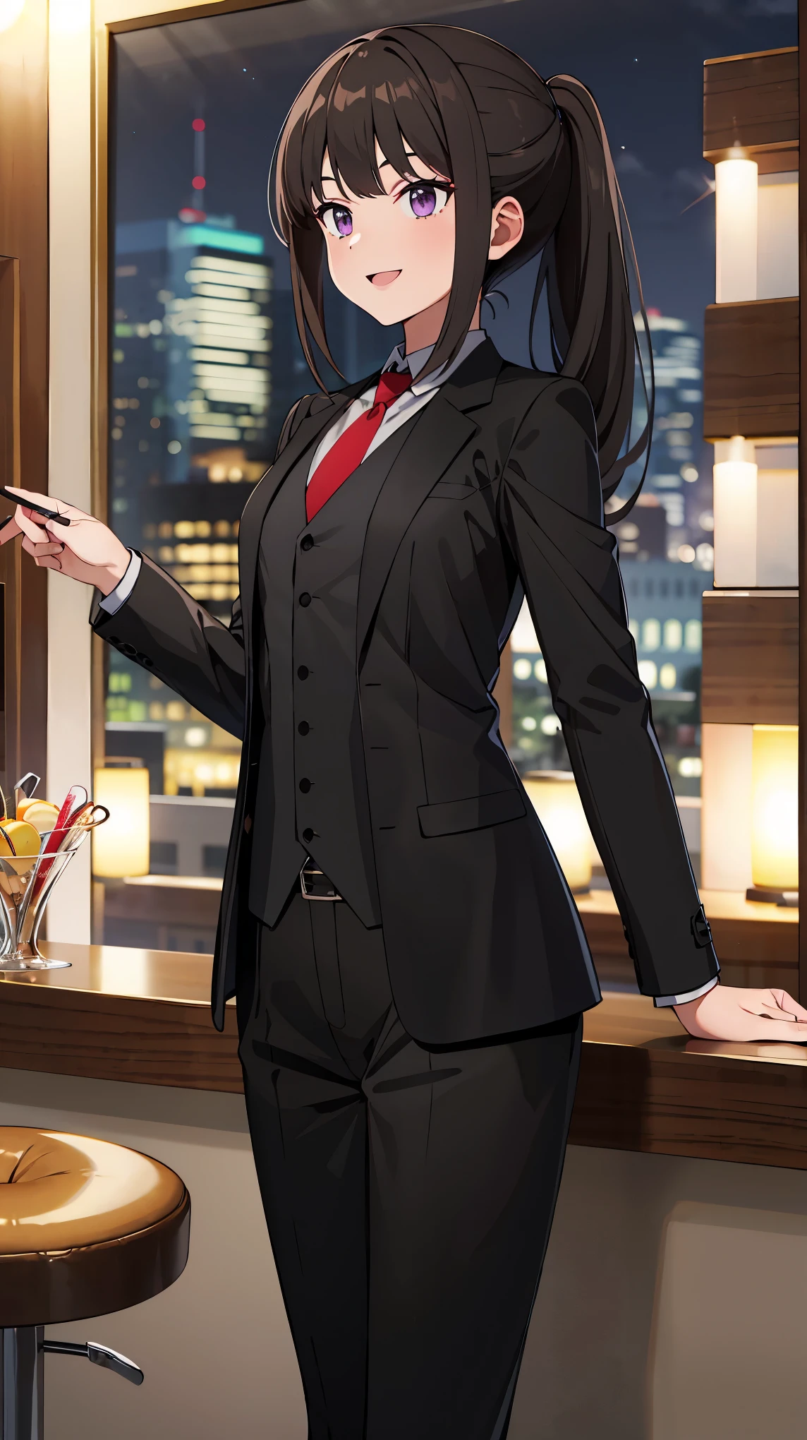 ((masterpiece, best quality, highres)), depth of field, 
BREAK, 1girl, standing, cowboy shot, smile
BREAK, (bar, night view),   
BREAK, takina inoue, purple eyes, black hair, ponytail, sidelocks,
BREAK, black suit, black pants, red necktie