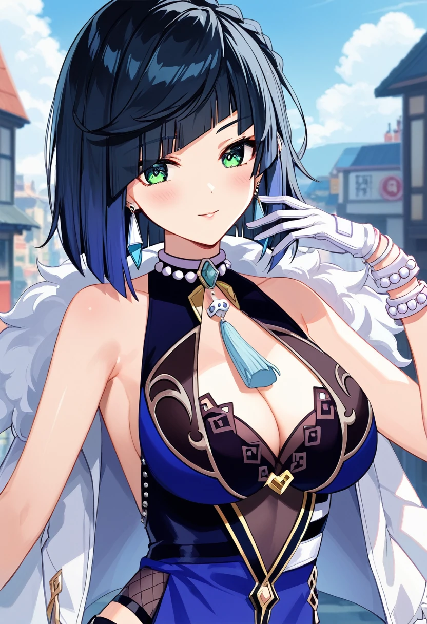 score_9, score_8_upper, score_7_upper, high quality ,masterpiece ,最high quality ,rating safe ,In the city , 黒いドレスを着ている, girl, Cute Face , navy hair, green eyes , Beautiful Skin ,character_yelan_Genshin Impact , very large breast ,((黒いドレスを着ている))