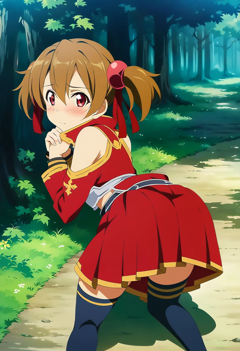 embarrassed, blushing, silicabase, brown hair, short twintails, red eyes, armor, pleated skirt, thighhighs, bare shoulders, breastplate, hair ribbon, 1girl, solo, red clothing BREAK , looking at viewer, outdoors, dense forest, dappled sunlight, depth of field, cinematic, game cg, anime screencap, official art, masterpiece, best quality, skirt lift, standing, bent over, knees bent, showing viewer butt, exposed panties, panties soaked, dark wet spot on panties, dripping wet panties, hands on knees, back view, full body shot
