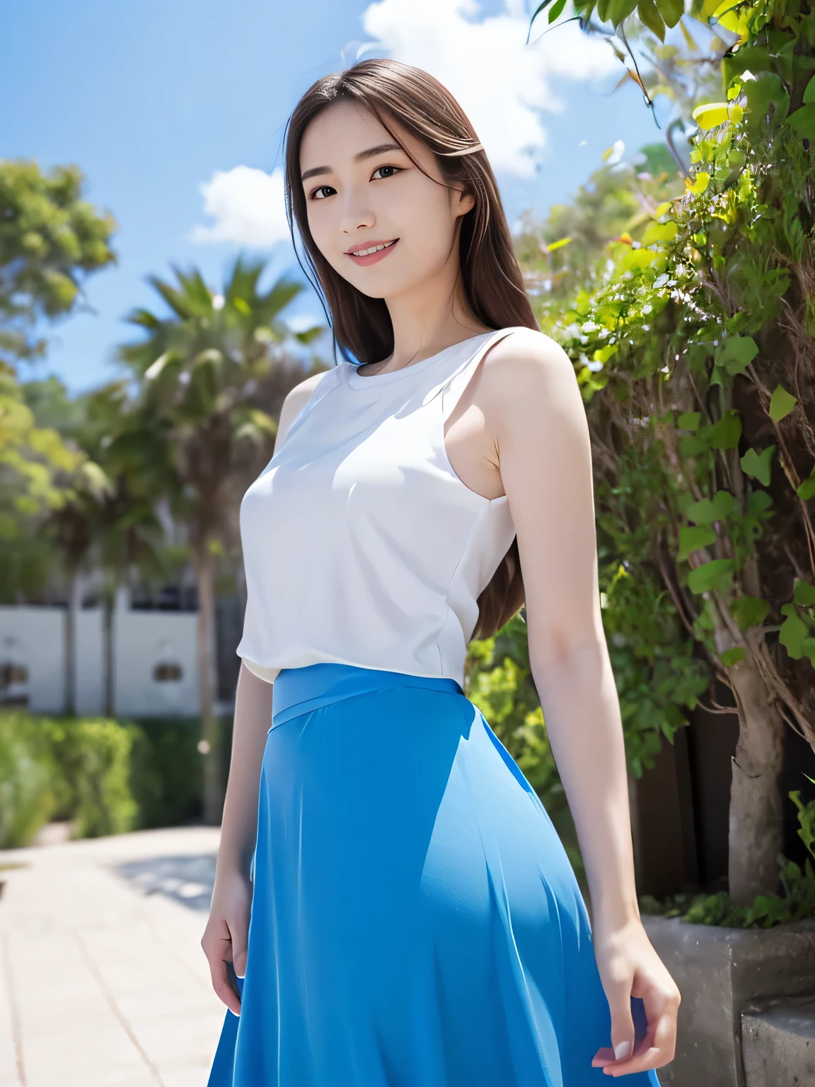 1woman, smiling,smart shaped face, crystal clear white skin,portrait, slender, ((wearing a blue-sky sweeter and long skirt))