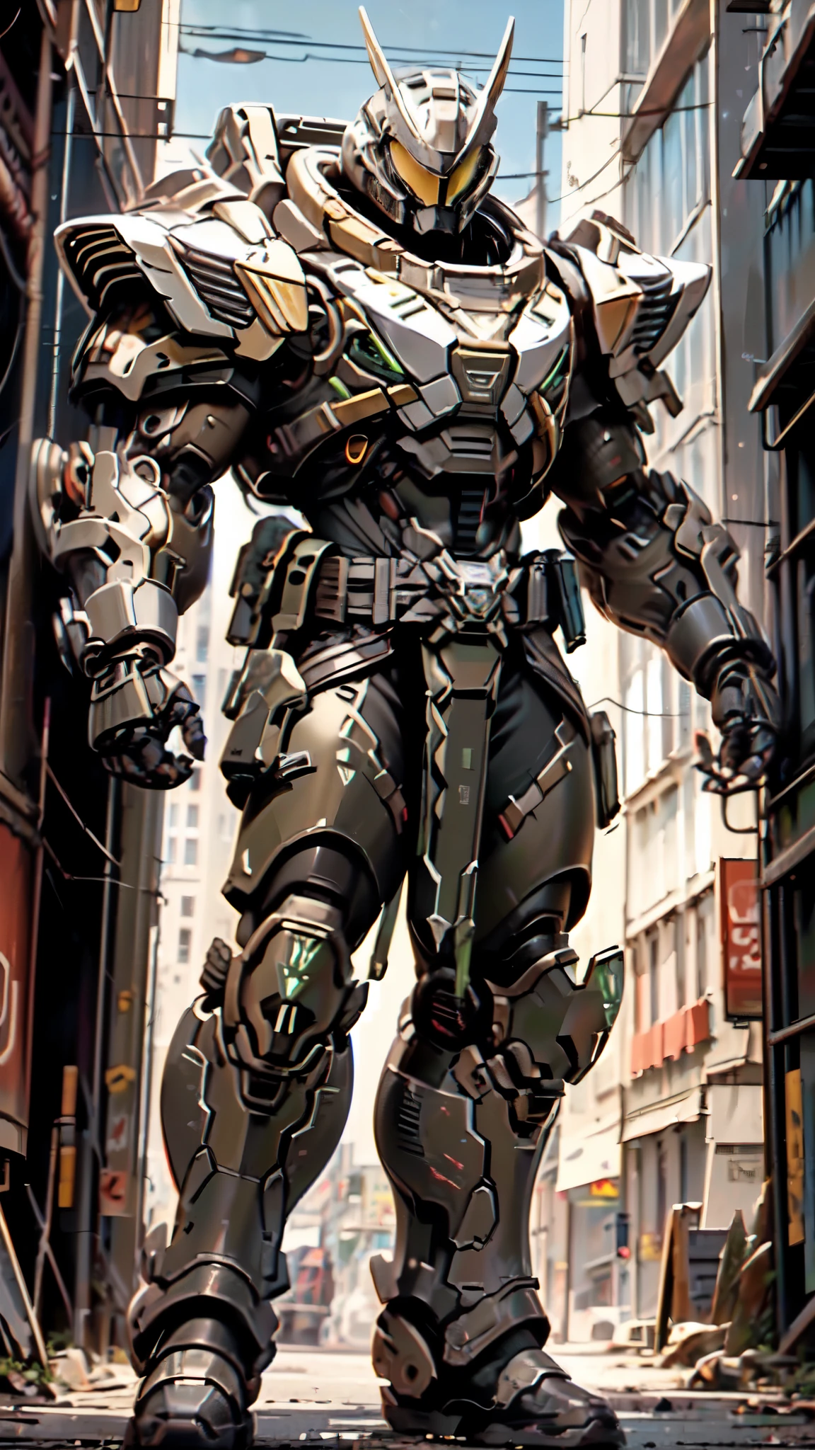 (masterpiece:1.5, best quality:1.5, extremely delicate:1.5), ((male:1.5)), a man wearing a full-face helmet, a biotech armored combat suit, green eyes, (a composite layered chest armor), fully enclosed shoulder guards, matching arm and leg guards, a belt of gemstone, (the color scheme is primarily Red with Blue and Green accents), the design balances heavy with agility, a high-tech bio-mecha armor, (Armor Concept Inspired by Space Marines, stand of a futuristic sci-fi city), this character embodies a finely crafted fantasy-style armored hero in anime style, exquisite and mature manga art style, (element, plasma, energy, the armor glows), metallic, high definition, highres, ultra-detailed, ultra-fine painting, professional, perfect body proportions, golden ratio, anatomically correct, symmetrical face, extremely detailed eyes and face, high quality eyes, creativity, RAW photo, UHD, 32k, Natural light, cinematic lighting, masterpiece-anatomy-perfect