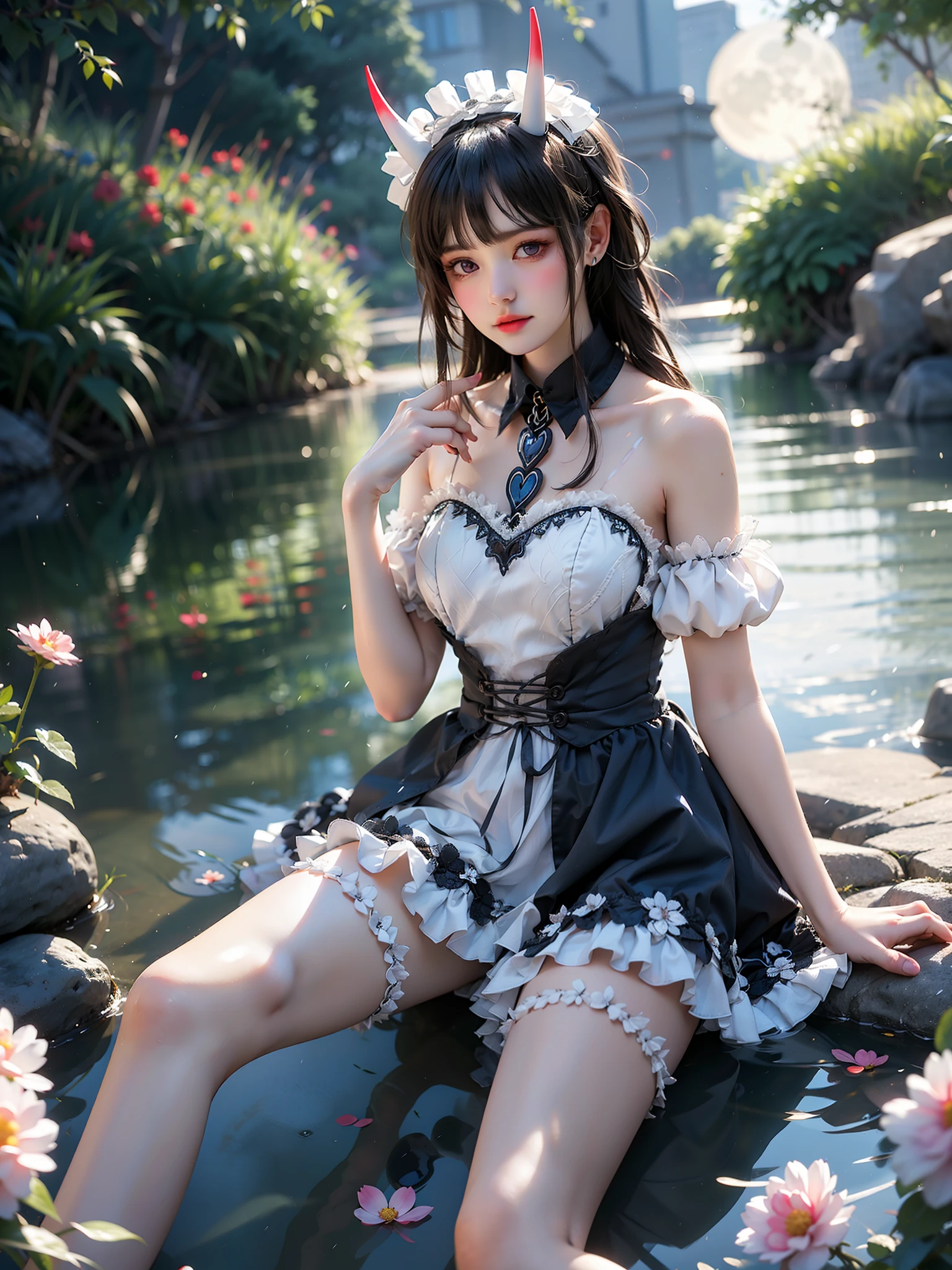 noshiro cosplay costume
cosplay
maid
apron
horns
black thighhighs (High quality details), 1 Girl, solo, Young women, Elegant Posture, ((night, moonlight)), (Female figure，Lying in the water naturally，River Water，rock, Relaxed expression), (Focus on natural body posture and correct anatomy:1.3), (Perfect leg proportions:1.3)，(True and accurate leg shape:1.2), ((Natural leg position)), The skirt is very short, One hand stroked the hem of the skirt, Lift the hem of your skirt, Bare shoulders, Natural posture, Soft expression, Exquisite makeup, Soft blush, Bright Eyes, Soft lips, Flower fairy style, ((Anatomically accurate)), (Real natural legs), Smooth skin, Soft lighting, high resolution, 8K Ultra HD, Clear focus, Professional photography effects, Random elegant scenes, Multi-angle shooting