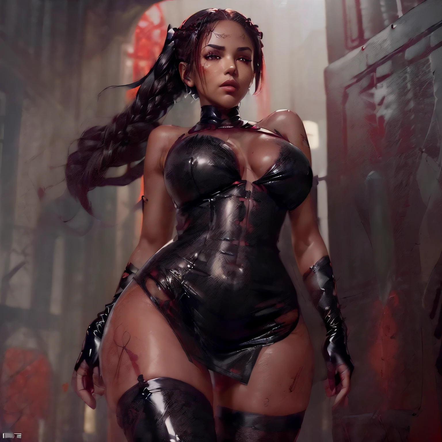 (Hyperrealistic: 1.3), athletic European goth woman, black woman,dark skin, full body, (biomechanical:1.3), cables, implants, wet exposed skin, exposed abs, masterpiece, (dark: 1.3), darkness, low light, night, cinematic lighting, fil noir, highest quality, sexy woman, (hight teck cyborg:1.2), (enormous perky detailed breasteminine, symmetrical, highly detailed, gigapixel, fit, (sharp body), detailed body, on focus, gorgeous face, (black eye makeup), (black lipstick), tattoolack hair in dreadlocks), (Simon Bisley), (2000 a.d.), (ABC warriors), (Joe pineapples), ridged, grim, grimdark.