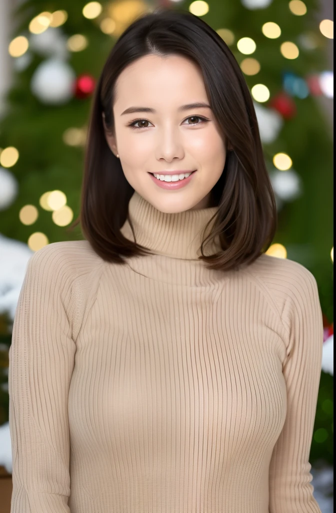 One girl,(Wearing a turtleneck sweater),(Winter jackets),(RAW Photos, Highest quality), (Realistic, photo-Realistic:1.4), masterpiece, Very delicate and beautiful, Very detailed, 2k wallpaper, wonderful, In detail, Very detailed CG unity 8k wallpaper, Very detailed, High resolution, Soft Light, Beautiful detailed, Very detailed eyes and face, Beautifully detailed nose, Beautiful attention to detail,Cinema Lighting,Snow Scene,Ski Resorts,fireplace,Christmas tree,Christmas decorations,Snow Mountain,Perfect Anatomy,Slender body,smile  
