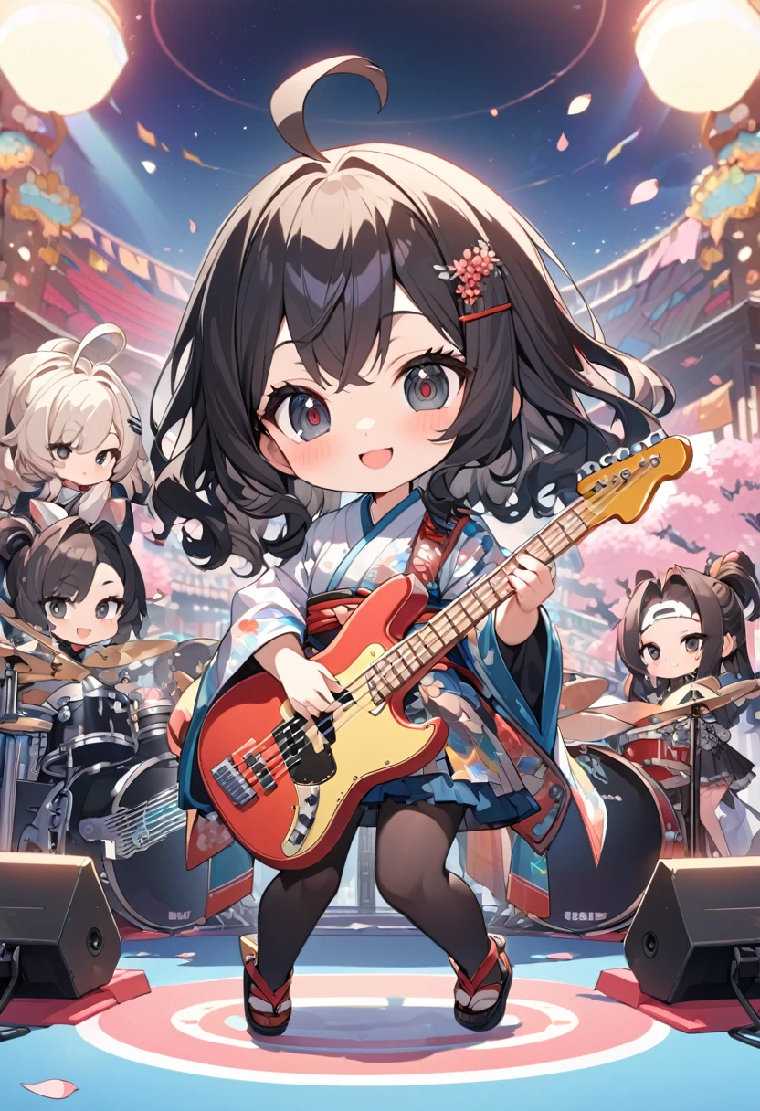 female *****, four girls playing musical instruments, solo vocalist jumping, bass, electric guitar, drum set, glad, smiling, looking at viewer, hime cut, ahoge, wavy hair, black hair, black eyes, big eyes, fair skin, chibi, cute various kimono, Japanese hairpin, outdoor stage with golden cherry blossoms background, Japanese style band, masterpiece, best quality, detailed, ultra detailed, hyper detailed, insanely detailed, exquisite, beautiful, Full-HD, 16K, cute, fantasy, vibrant academia, anime, 2d anime, chibi anime, icon, soft lines, soft surface, simple line drawing, full body shot, front view, best light, fast shutter speed, depth of field, highly saturated colors, vibrant colors, pale colors, best hand,