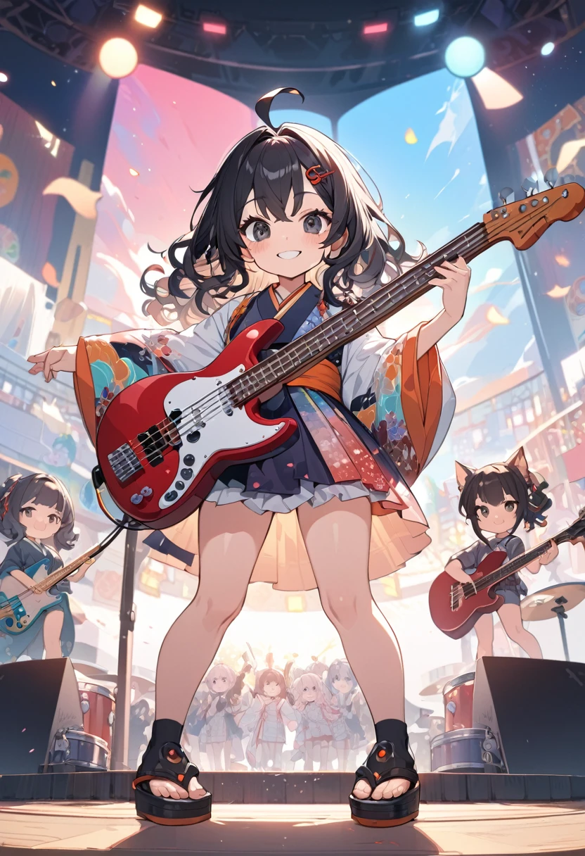 female *****, four girls playing musical instruments, solo vocalist jumping, bass, electric guitar, drum set, glad, smiling, looking at viewer, hime cut, ahoge, wavy hair, black hair, black eyes, big eyes, fair skin, chibi, cute various kimono, Japanese hairpin, outdoor stage with golden cherry blossoms background, Japanese style band, masterpiece, best quality, detailed, ultra detailed, hyper detailed, insanely detailed, exquisite, beautiful, Full-HD, 16K, cute, fantasy, vibrant academia, anime, 2d anime, chibi anime, icon, soft lines, soft surface, simple line drawing, full body shot, front view, best light, fast shutter speed, depth of field, highly saturated colors, vibrant colors, pale colors, best hand,