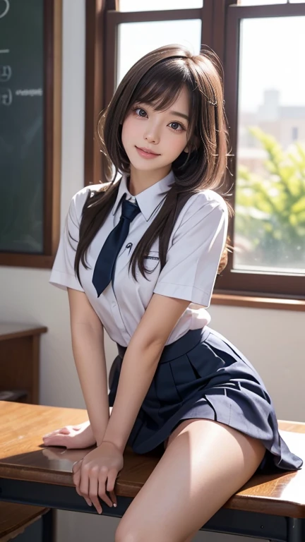 (((Highest quality))), ((masterpiece)), (detailed), ((solo)), ((((((1 high school girl wearing large-sized school uniform)))))), Slender body, (((Legs visible through the skirt))), ((White skin)), ((((Angle of view that includes the face and whole body)))), (((Well-formed face))), ((Big eyes)), (((((((Drooping eyes))))))), ((((Closer Eyes)))), ((Glossy skin)), ((Angle from below)), ((((Correct Anatomy)))), Spread your legs, [[[[[[Delicate and thin thighs]]][]], ((((Fashionable bangs)))), ((Stylish hairstyle)), [[[[[Delicate and thin hips]]]]], (((((Straddle position))))),