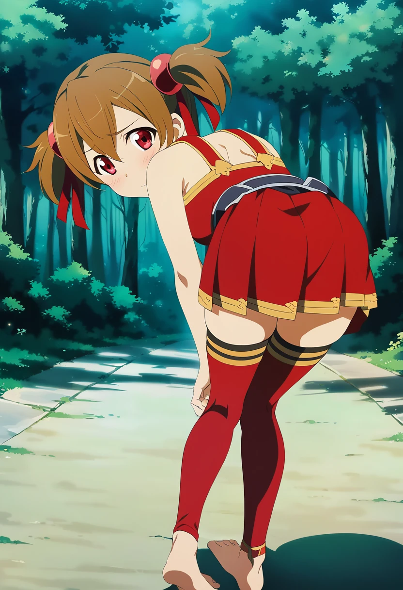 embarrassed, blushing, silicabase, brown hair, short twintails, red eyes, armor, short pleated skirt, thighhighs, bare shoulders, hair ribbon, 1girl, solo, red clothing BREAK , looking at viewer, outdoors, dense forest, dappled sunlight, depth of field, cinematic, game cg, anime screencap, official art, masterpiece, best quality, skirt lift, standing, bent over,  hands on knees, knees bent, showing viewer butt, exposed pussy, back view, full body, shot barefoot
