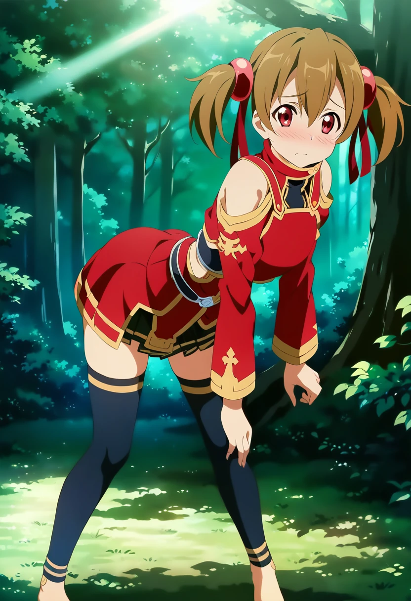 embarrassed, blushing, silicabase, brown hair, short twintails, red eyes, armor, short pleated skirt, thighhighs, bare shoulders, hair ribbon, 1girl, solo, red clothing BREAK , looking at viewer, outdoors, dense forest, dappled sunlight, depth of field, cinematic, game cg, anime screencap, official art, masterpiece, best quality, skirt lift, standing, bent over,  hands on knees, knees bent, showing viewer butt, exposed pussy, back view, full body, shot barefoot
