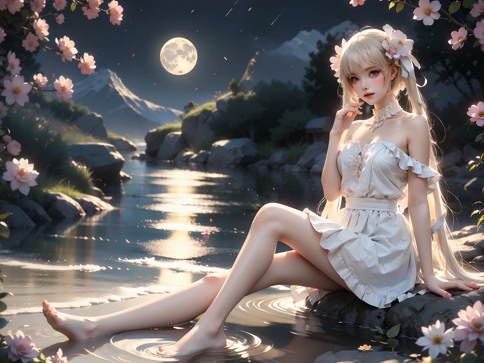 kasugano sora
long white hair
twintails
hair ribbon
hair ornament (High quality details), 1 Girl, solo, Young women, Elegant Posture, ((night, moonlight)), (Female figure，Lying in the water naturally，River Water，rock, Relaxed expression), (Focus on natural body posture and correct anatomy:1.3), (Perfect leg proportions:1.3)，(True and accurate leg shape:1.2), ((Natural leg position)), The skirt is very short, One hand stroked the hem of the skirt, Lift the hem of your skirt, Bare shoulders, Natural posture, Soft expression, Exquisite makeup, Soft blush, Bright Eyes, Soft lips, Flower fairy style, ((Anatomically accurate)), (Real natural legs), Smooth skin, Soft lighting, high resolution, 8K Ultra HD, Clear focus, Professional photography effects, Random elegant scenes, Multi-angle shooting