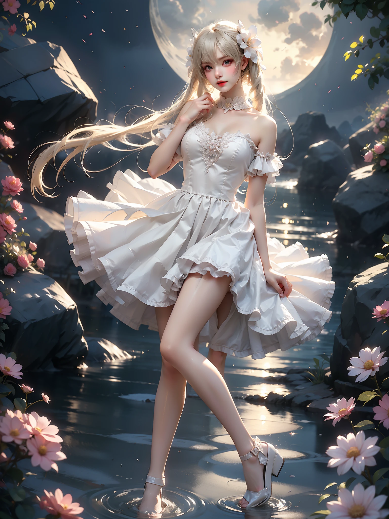 kasugano sora
long white hair
twintails
hair ribbon
hair ornament (High quality details), 1 Girl, solo, Young women, Elegant Posture, ((night, moonlight)), (Female figure，Lying in the water naturally，River Water，rock, Relaxed expression), (Focus on natural body posture and correct anatomy:1.3), (Perfect leg proportions:1.3)，(True and accurate leg shape:1.2), ((Natural leg position)), The skirt is very short, One hand stroked the hem of the skirt, Lift the hem of your skirt, Bare shoulders, Natural posture, Soft expression, Exquisite makeup, Soft blush, Bright Eyes, Soft lips, Flower fairy style, ((Anatomically accurate)), (Real natural legs), Smooth skin, Soft lighting, high resolution, 8K Ultra HD, Clear focus, Professional photography effects, Random elegant scenes, Multi-angle shooting