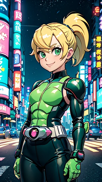 (8k),(masterpiece),(Japanese),(1girl),((cindy vortex)),((Kamen_Rider)),From the front, upper body, Cowboy shot, close up, smile,cute,Innocent,Kind eyes, Flat chest, (ponytail, green eyes, bangs), city-scene-aso, night,dark, Neon light, LED, building , landscape, avenue, cyberpunk city, vivid colors 