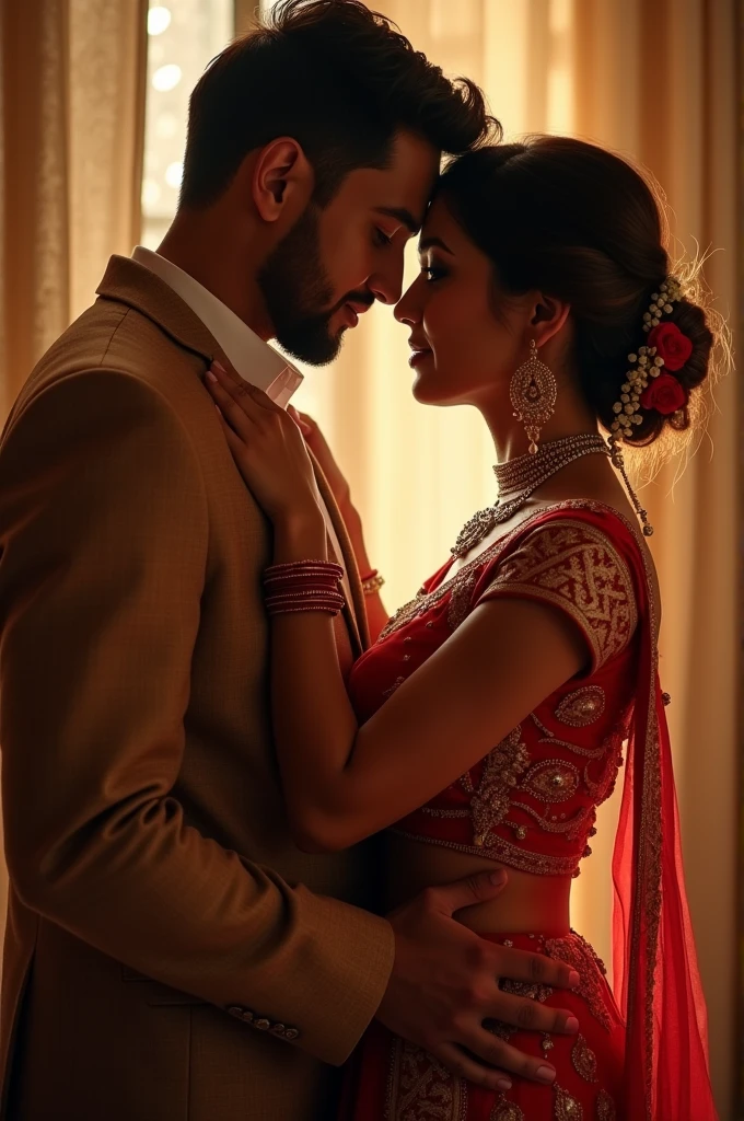 Newly wed couple, hot south indian slim milf with black twisted bun hair, big breast, big hip, big ass, thick thighs, woman wearing saree, indian couple, short brown man with afro haircut, big muscular body and beard, man wearing suit, in wedding stage, woman with man, high resolution, looking at camera,