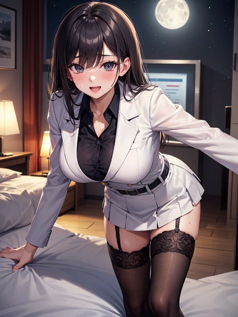 ((Highest quality)), ((masterpiece)), (detailed), woman,Age 20,Office Lady,Uniform,(White suit),(Open the front of your shirt),(mini skirt),Big Breasts,blush,Underbust,(The chest is visible),(Excited expression),(Seduce),night,Health Room,bed,Dim lighting,(Dark Room),(Moonlit Room),(薄Dark Roomで),(In a messy room),Browsing Caution,sexy,dirty,Sweat,(Black garter belt),(Leaning forward to accentuate one&#39;s breasts),short hair