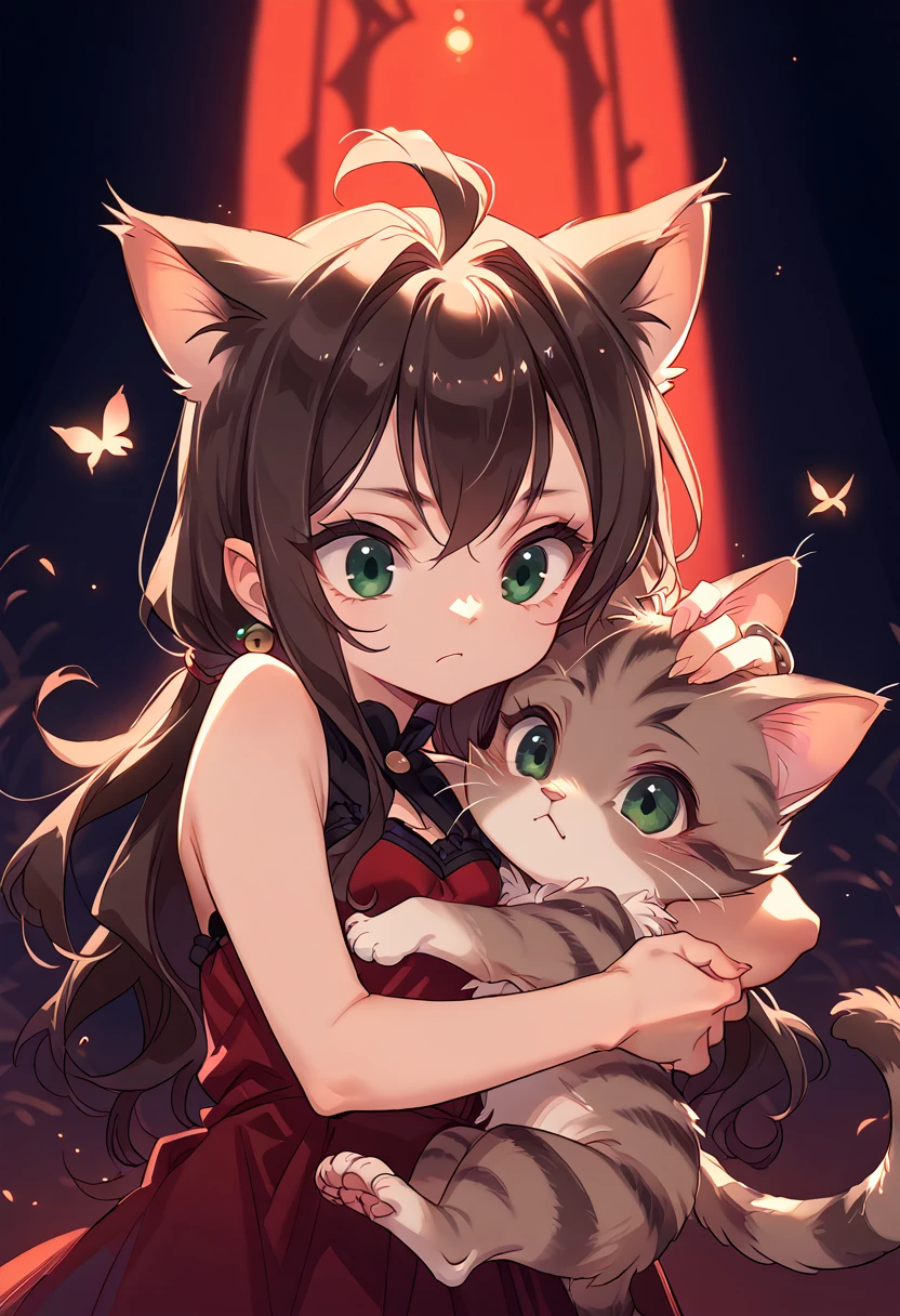 (2 cats:1.3), (2 animals:1.3), ((black brown-eyed cat)), ((red green-eyed cat)), (hugging:1.2), great atmosphere, nice atmosphere, fairy dust