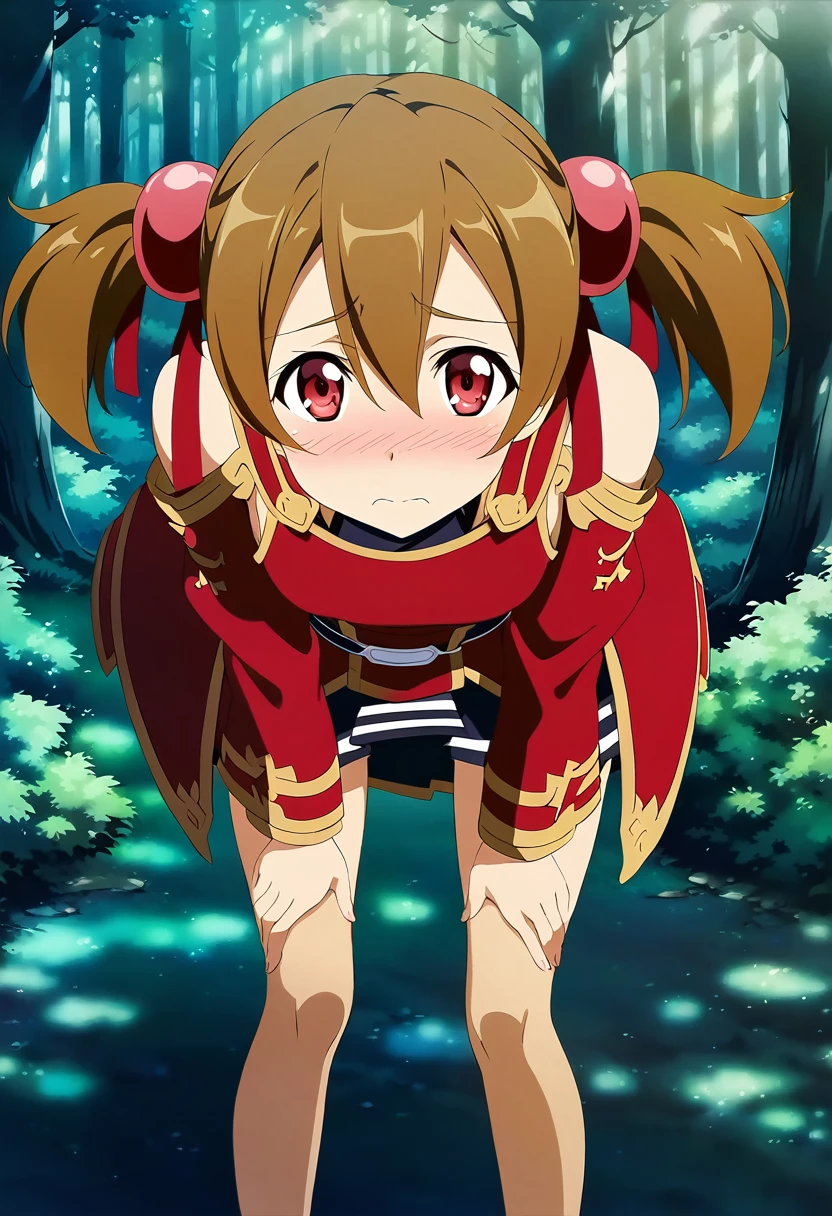 embarrassed, blushing, silicabase, brown hair, short twintails, red eyes, armor, short pleated skirt, thighhighs, bare shoulders, hair ribbon, 1girl, solo, red clothing BREAK , looking at viewer, outdoors, dense forest, dappled sunlight, depth of field, cinematic, game cg, anime screencap, official art, masterpiece, best quality, skirt lift, standing, bent over, knees bent, exposed pussy, full body, shot barefoot
