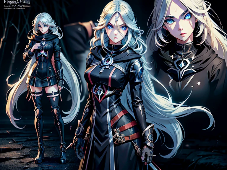 A stylized Anime character of ( Assassin Persona: 1.4),( Perfect Quality), 1girl, mature woman,  blue eyes, fair skin, long hair, Asymmetrical light blonde hair, nice hands, perfect hips, perfect body, multiple ponytails, (Detailed eyes: 1.9),wearing hood fur-trimmed Burgundian coat, Black Body suit, Silver Arm braces, Emotional Pose, holding her twin Sai weapon, fingerless gloves, perfect light, Standing in raining, wearing Sturdy boots, Dark ambient, color fix,( masterpiece 1.4), High quality, Solo Focus, Full body portrait, 8k wallpaper,(Pre-Raphaelite Style), Anime 1999s, --niji 6 --version niji. Professional 