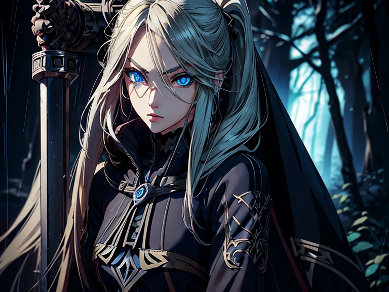 A stylized Anime character of ( Assassin Persona: 1.4),( Perfect Quality), 1girl, mature woman,  blue eyes, fair skin, long hair, Asymmetrical light blonde hair, nice hands, perfect hips, perfect body, multiple ponytails, (Detailed eyes: 1.9),wearing hood fur-trimmed Burgundian coat, Black Body suit, Silver Arm braces, Emotional Pose, holding her twin Sai weapon, fingerless gloves, perfect light, Standing in raining, wearing Sturdy boots, Dark ambient, color fix,( masterpiece 1.4), High quality, Solo Focus, Full body portrait, 8k wallpaper,(Pre-Raphaelite Style), Anime 1999s, --niji 6 --version niji. Professional 