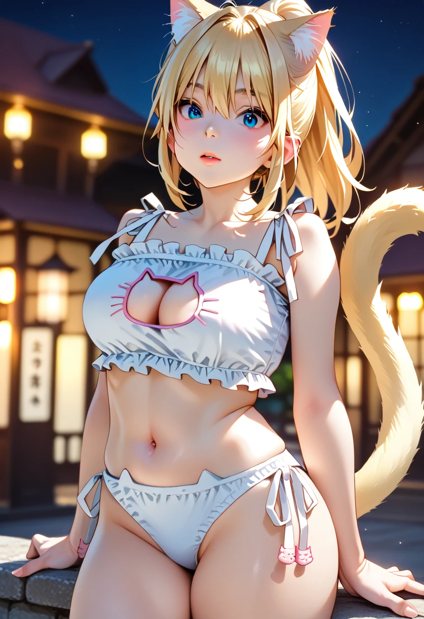 1 beautifull kitsune queen, hands behind, hairs covering ears,blonde hairs, french braid, hair hide ear, hime cut, very long hair, heart-shaped pupils, animal ears,european face, fox ears,"long orange fox ears with black tips", covering ears, kemonomimi mode,tail emanating(9 tails fox),huge tits, large hips,((fully clothed)),miku clothes, no nsfw, high detail, depth of field, masterpiece, anatomically correct, high quality, award winning,(masterpiece, best quality),sunny,((extremely detailed background)), traditional temple, facing viewer,action pose,Beautiful Finger,Beautiful long legs,Beautiful body,Beautiful Nose, perfect face,(mature:1.1),(milf:1.1),(mature female:1.3),make up,parted lips,(shiny skin:1.3),(perfect female body:1.2),(gorgeous detailed skin),(detailed hair), masterpiece, high quality, highres, absurdres,(beautiful and aesthetic:1.2), beautiful hand, 4k, 8k, perfect balance, detailed aqua eyes, perfect eyes, expressive eyes, looking at viewer, expressionless, ray_tracing,intricate details,depth of field, extremely delicate and beautiful, (Beautiful,), (beautiful_face:1.5)