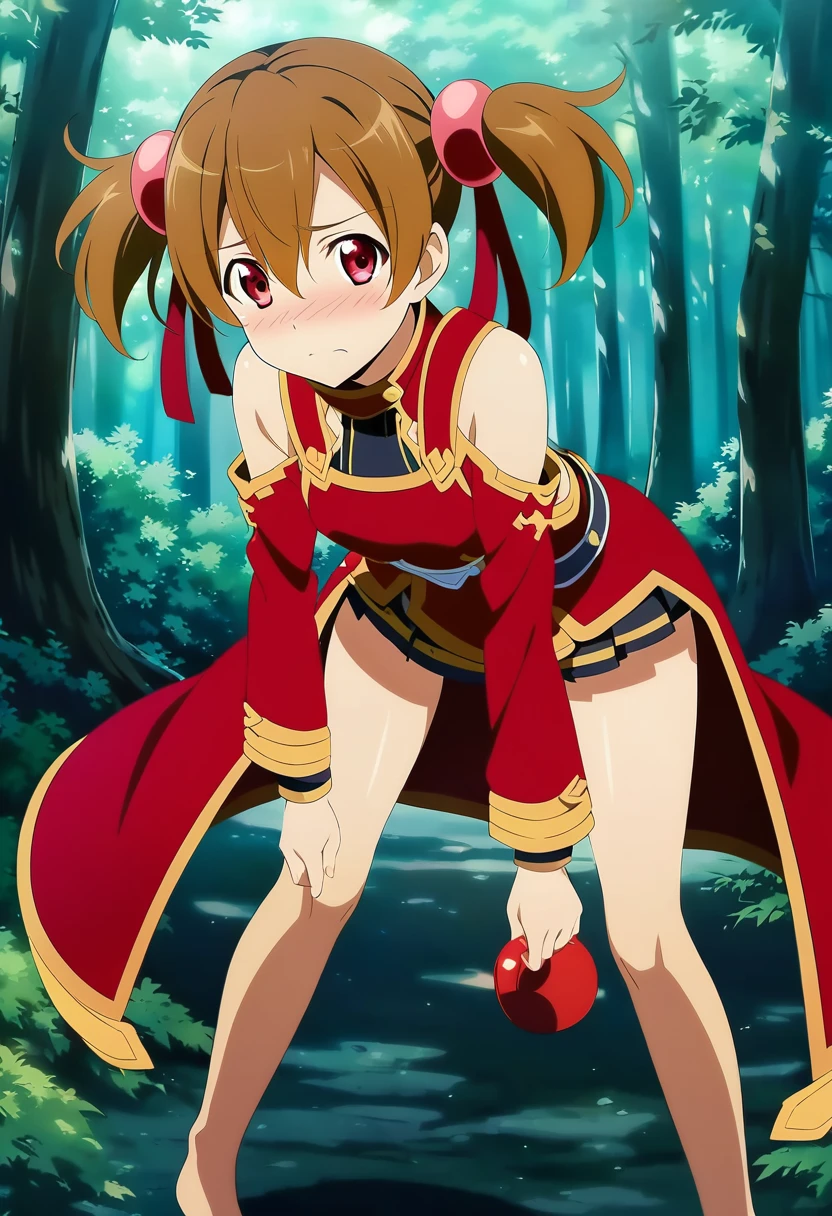 embarrassed, blushing, silicabase, brown hair, short twintails, red eyes, armor, short pleated skirt, thighhighs, bare shoulders, hair ribbon, 1girl, solo, red clothing BREAK , looking at viewer, outdoors, dense forest, dappled sunlight, depth of field, cinematic, game cg, anime screencap, official art, masterpiece, best quality, skirt lift, standing, bent over, knees bent, exposed pussy, full body, shot barefoot
