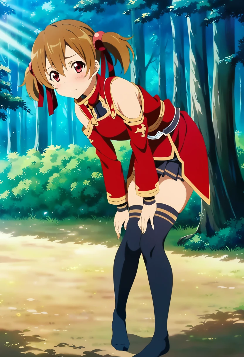 embarrassed, blushing, silicabase, brown hair, short twintails, red eyes, armor, short pleated skirt, thighhighs, bare shoulders, hair ribbon, 1girl, solo, red clothing BREAK , looking at viewer, outdoors, dense forest, dappled sunlight, depth of field, cinematic, game cg, anime screencap, official art, masterpiece, best quality, skirt lift, standing, bent over, knees bent, exposed pussy, full body, shot barefoot
