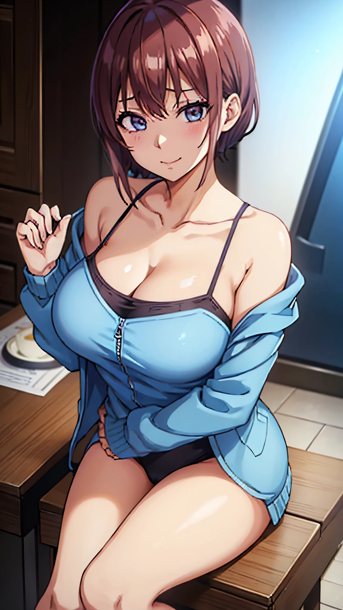 (((masterpiece))),fuyumi itadori, Anime girl characters, 1girl, solo, looking at viewer, medium hair long sleeves, cleavage, bigger breasts, closed mouth, collarbone, jacket, open clothes, open jacket, blue jacket, ground vehicle, sports bra, tall girl, horny, big ass, beautiful face,Charming,  anime visual of a cute girl, screenshot from the anime film, & her expression is solemn, ahegao face, in the anime film, in an anime, anime visual of a young woman, she has a cute expressive face, still from anime, perfect breasts, she is tall, All bodies visible, ahegao face, the face is ahegao, she is horny, A perverted face, she so perverted, she smile so perverted, hd picture, 4k quality, details of the face is so good,bigger breasts, ,change her face and make her face hd and pretty😍, make her face like nakano ichika , she is masturbating