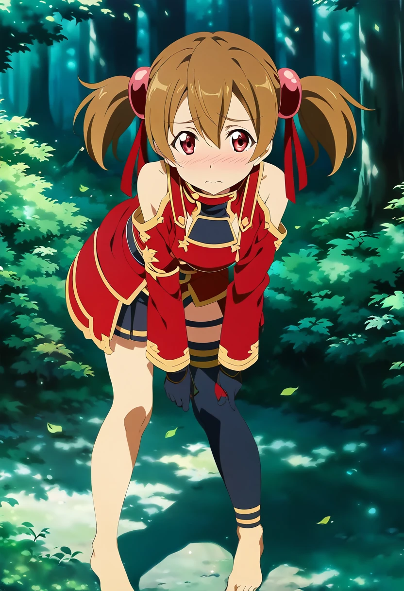 embarrassed, blushing, silicabase, brown hair, short twintails, red eyes, armor, short pleated skirt, thighhighs, bare shoulders, hair ribbon, 1girl, solo, red clothing BREAK , looking at viewer, outdoors, dense forest, dappled sunlight, depth of field, cinematic, game cg, anime screencap, official art, masterpiece, best quality, skirt lift, standing, bent over, exposed pussy, full body shot, barefoot
