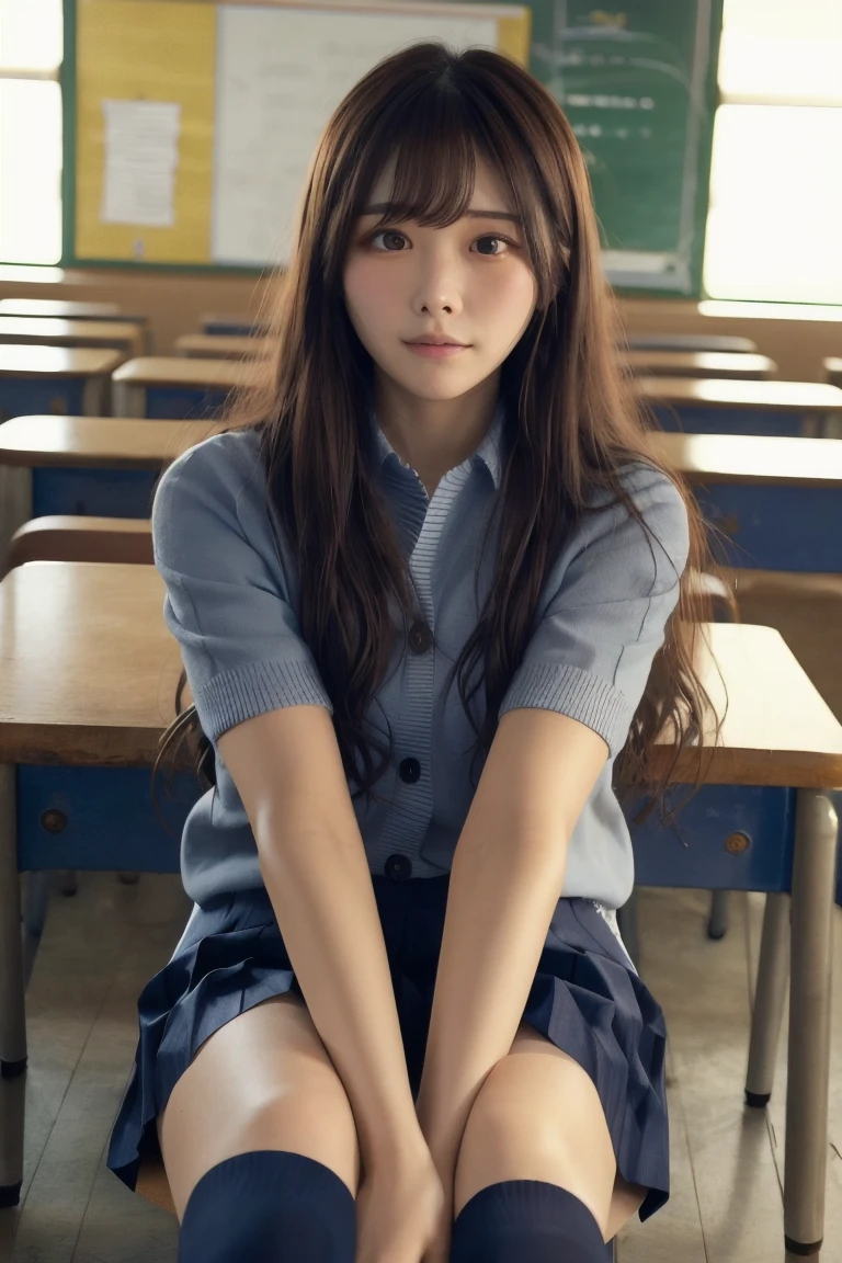 Extremely detailed depiction, masterpiece, Highest quality, Highest quality, High resolution, 4K, 8k, RAW Photos, (Very aesthetic, Beautiful and aesthetic), One girl, Make eye contact, Upper Body, Arina Hashimoto, , looking at viewer、school uniform, Cardigan, pleated skirt, and knee-high socks、、blunt bangs、side bangs、straight hair、,classroom, desk, (timid:1.1),(spineless:1.2), (humble face :1.3),(tremble with embarrassment:1.3),(flying sweat:0.9),(panic:1.2),