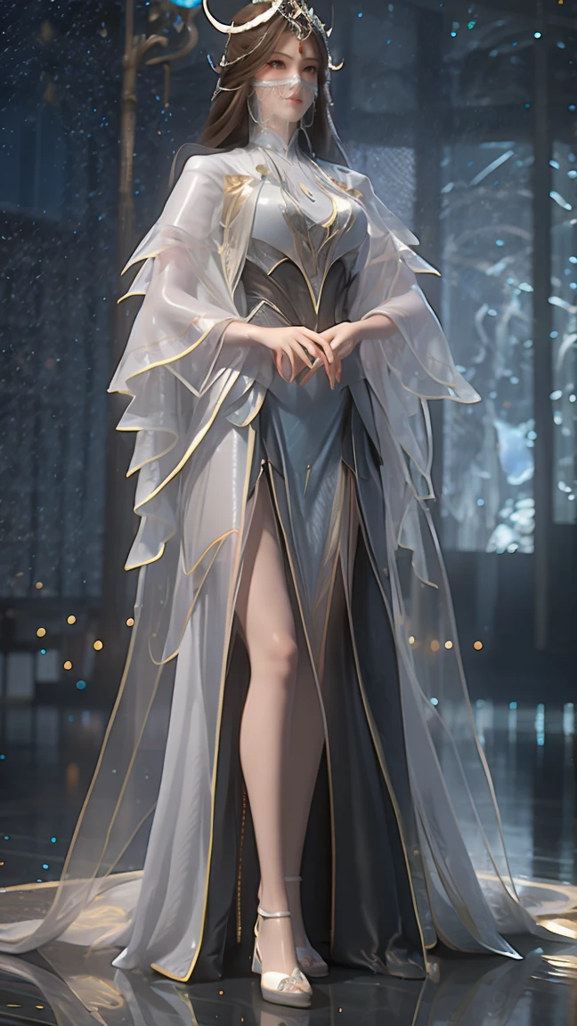 Cartoon woman standing on the starry sky like dominant and powerful enchantress or goddess, Water splashes at the knees，CG Social Trends, Smooth anime CG art, Starry sky background，Full body view，Royal sister standing posture，With a translucent veil,  teasing with a sence of elegance and celectial beauty,  tense beauty , breathtking beauty with unimaginable desire
