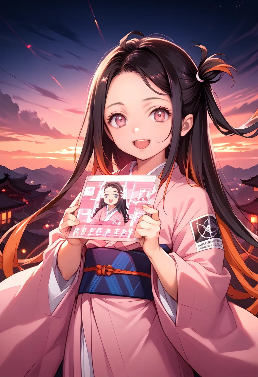 masterpiece, (photorealistic:1.5), Realistic eyes, Asian woman, Best quality, beautiful lighting, professional lighting, Photonic mapping, radiation, physically based rendering,, kamado nezuko, 1 girl, black hair, forehead, hair tape, japanese clothing, kimono, long hair, multicolored hair, open mouth, Pink eyes, pink kimono, pink tape, tape, smile, very long hair, sky, ((got old)),, (RAW photo, 8k contract, granularity)