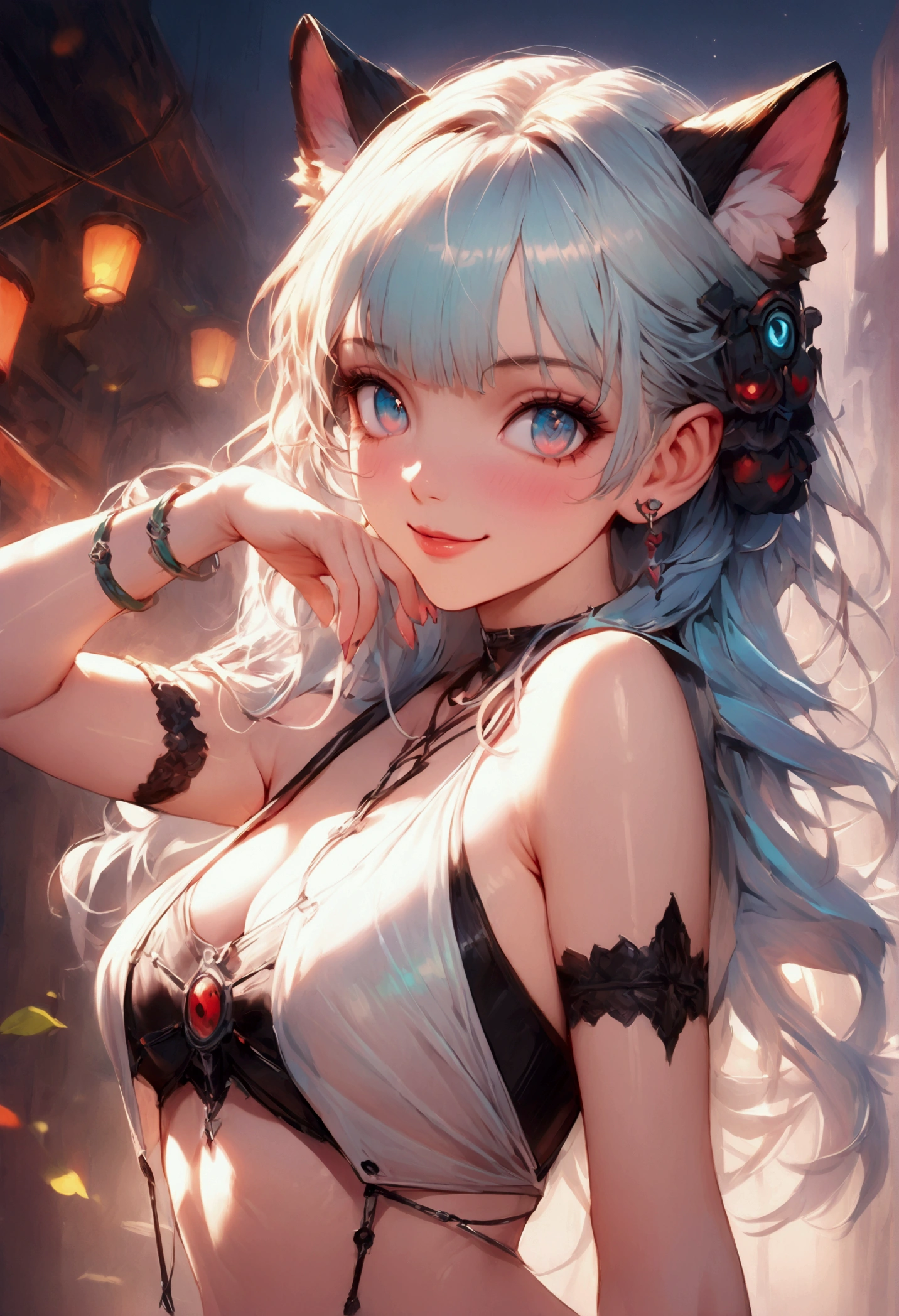 (best quality,ultra-detailed,realistic:1.37),cute anime girl,light blue hair,detailed eyes,detailed lips,smiling,wearing a cute outfit,cheerful expression,vibrant colors,soft lighting,anime style,fantasy background,playful pose,beautifully illustrated, vtuber, cyberpunk anime girl, sassy, sexy, nude, removed clothes, hentai, naked