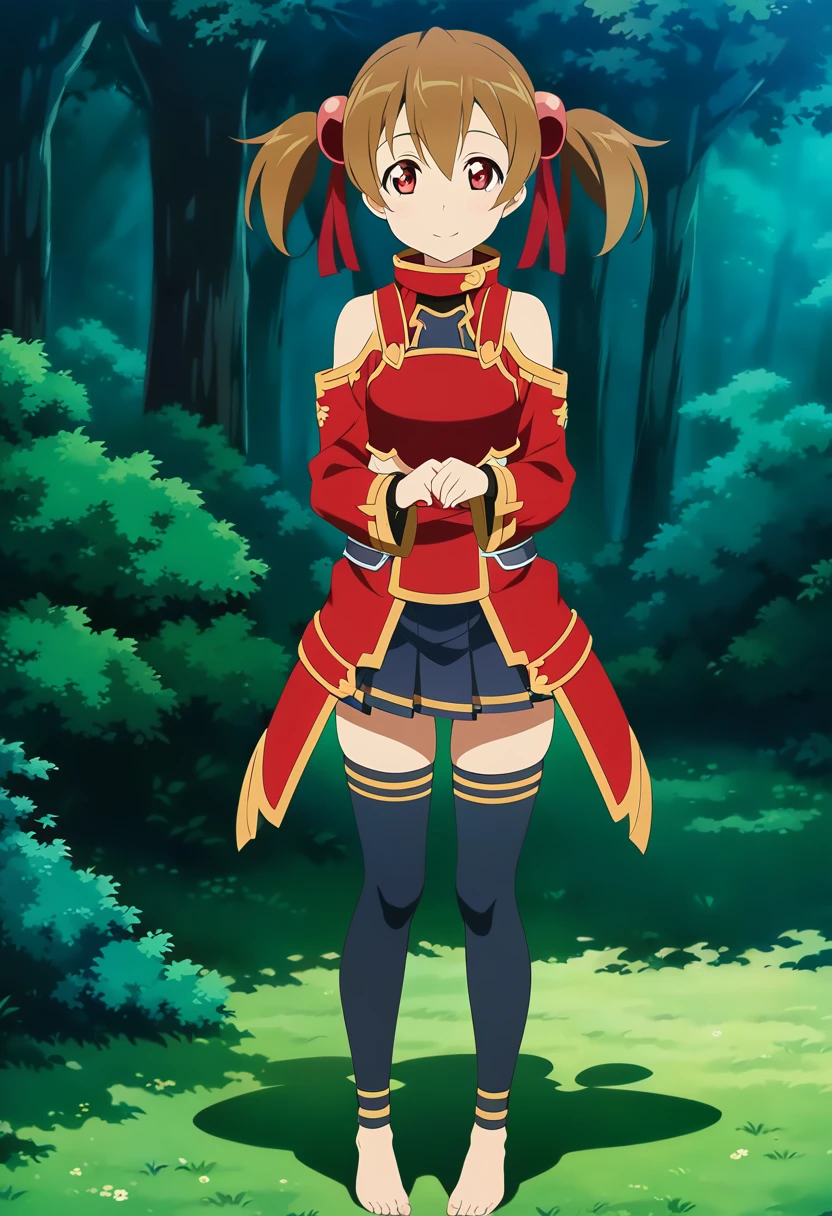 happy, heart shaped pupils, silicabase, brown hair, short twintails, red eyes, armor, short pleated skirt, thighhighs, bare shoulders, hair ribbon, 1girl, solo, red clothing BREAK , looking at viewer, outdoors, dense forest, dappled sunlight, depth of field, cinematic, game cg, anime screencap, official art, masterpiece, best quality, skirt lift, standing, exposed pussy, full body shot, barefoot
