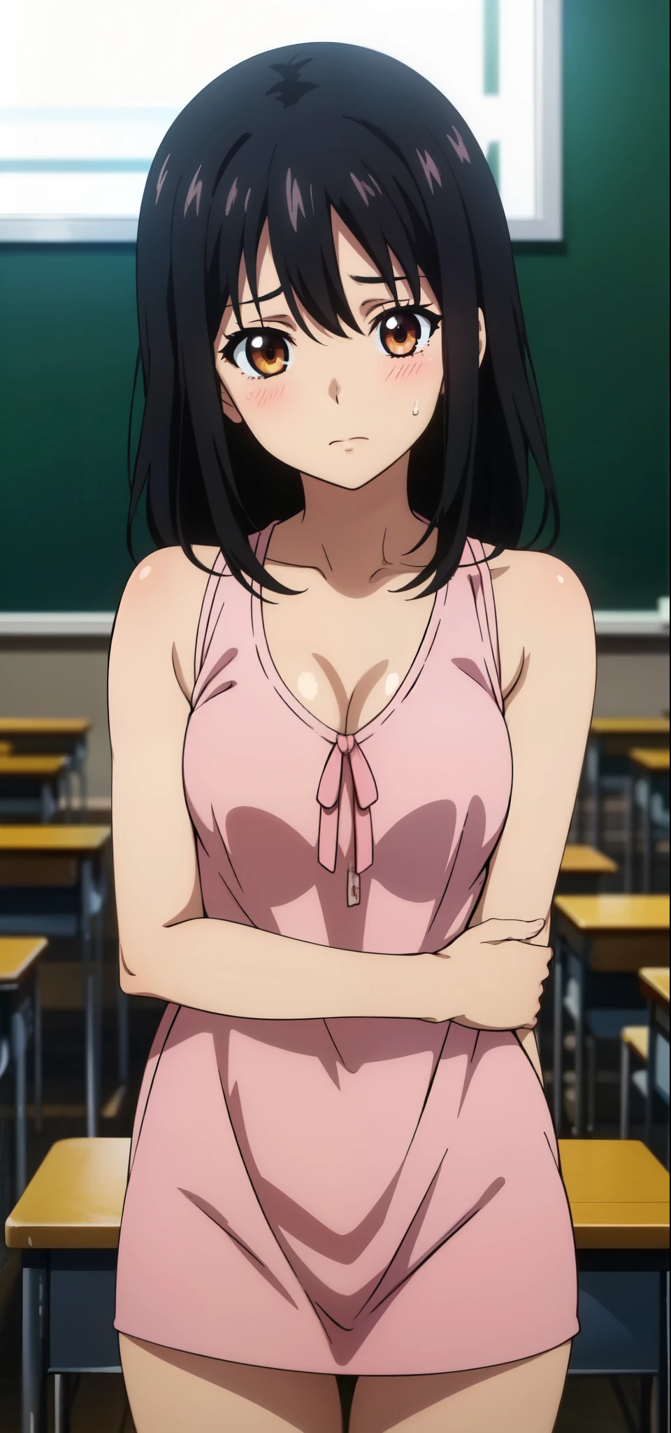 Yukina, black hair, 20-year-old, medium breasts, medium hair,healthy skin, masterpiece,  cowboy_shot, cum, 20-year-old, high quality , classroom, sleeveless, blushed,), 