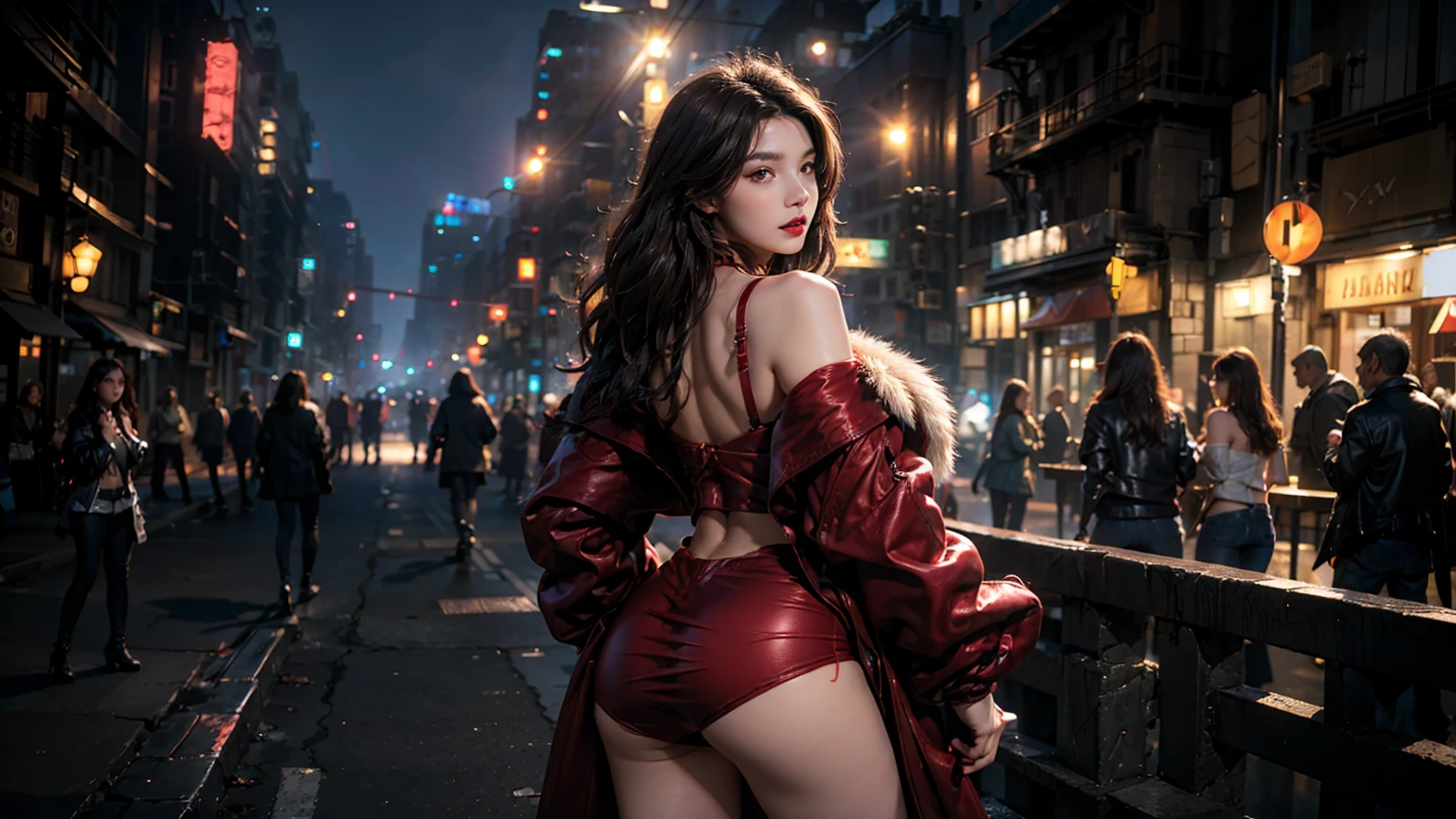 mulher sensual, Half-body plane without cutting the arms, Pose sexy, red lips with vampire vibrations long hair, She's alone on a medieval street in the background, The scene is close at night;, Realistic and detailed bokeh cinematic light background dark lighting 16k