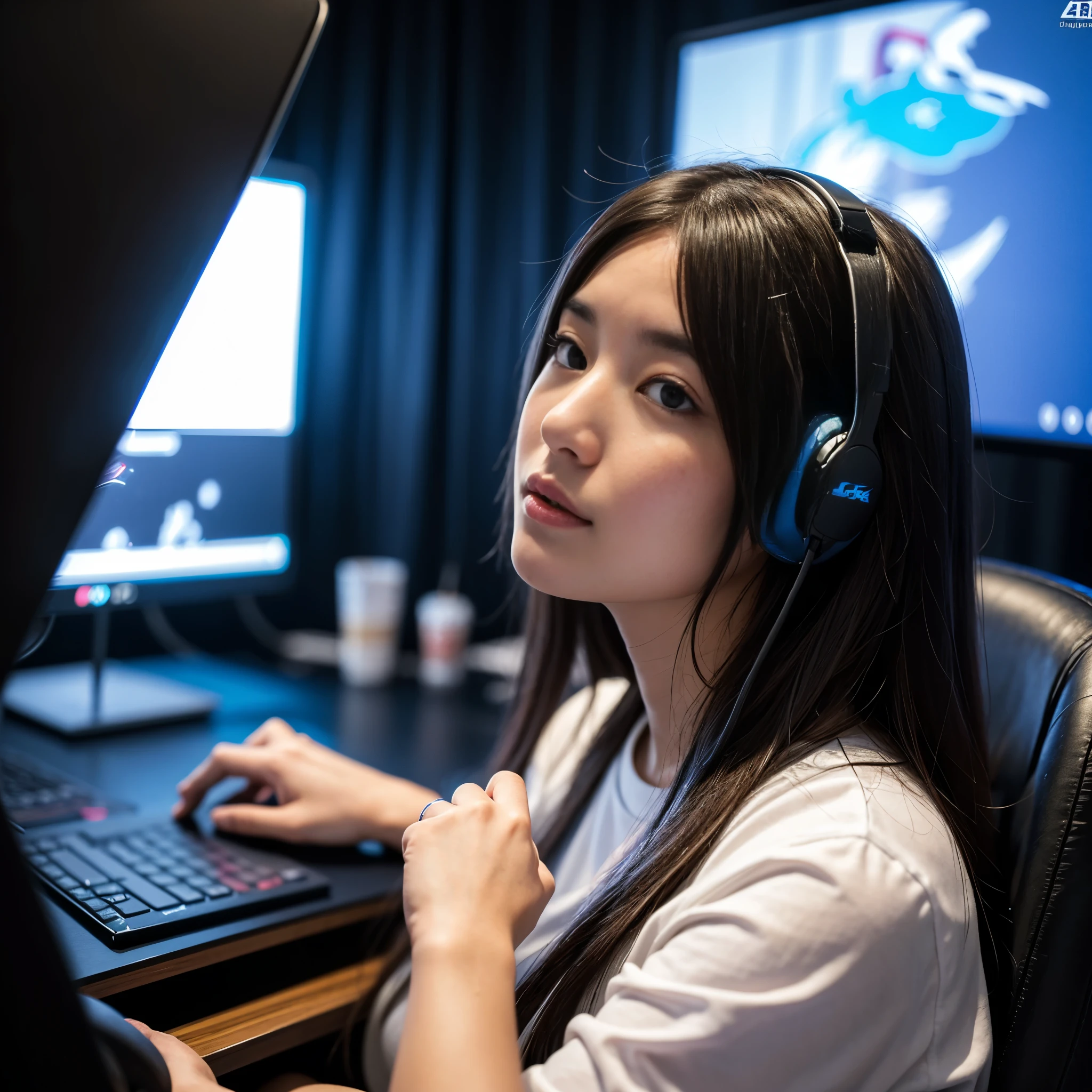 (8k, RAW Photo, Top Quality, Refined Details, Masterpiece: 1.2), (High Resolution 8k Wallpaper), Sharp Focus, Professional Lighting, Depth of Field, Cinematic Lighting, Background Blur, BRAKE A Japanese female e-sports player has an inspired look on her face as she imagines in her head the image of a successful e-sports event. Looking up diagonally and pointing, (the background is white:1.5)