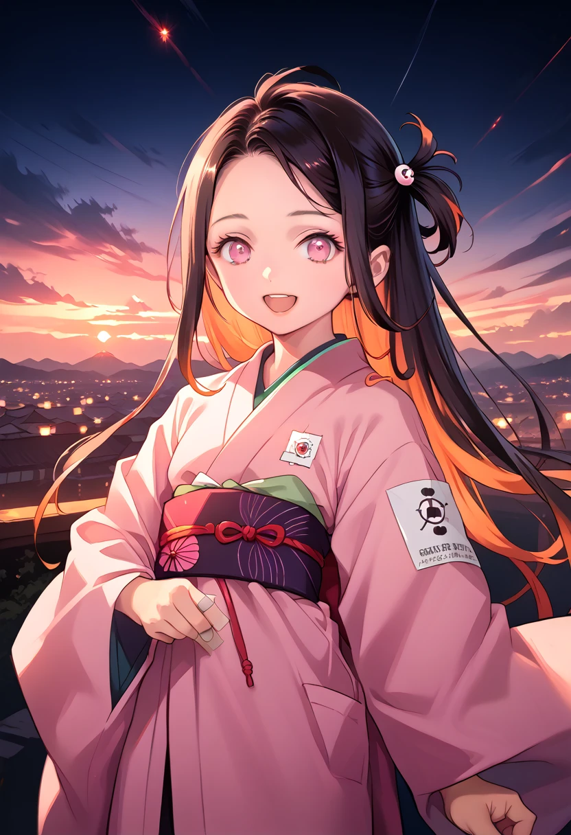 masterpiece, (photorealistic:1.5), Realistic eyes, Asian woman, Best quality, beautiful lighting, professional lighting, Photonic mapping, radiation, physically based rendering,, kamado nezuko, 1 girl, black hair, forehead, hair tape, japanese clothing, kimono, long hair, multicolored hair, open mouth, Pink eyes, pink kimono, pink tape, tape, smile, very long hair, sky, ((got old)),, (RAW photo, 8k contract, granularity)