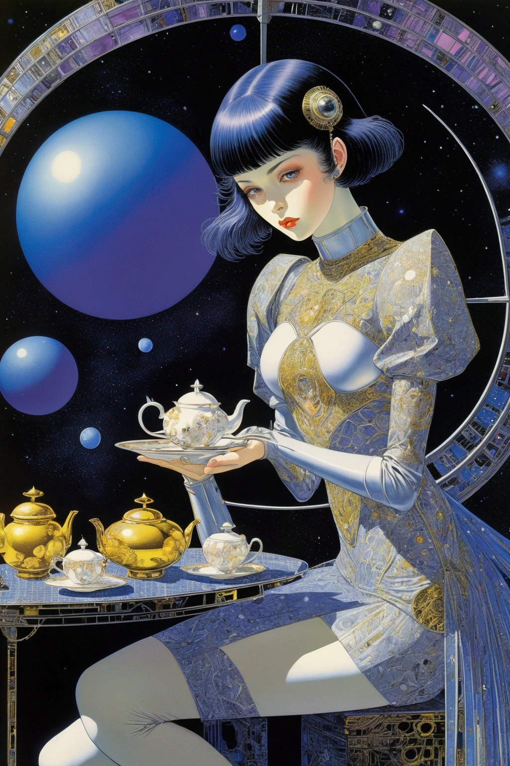 Harry Clarke, Hajime Sorayama, Lorenzo Petrantoni full colours, Jim burns, Kelly Freas, Surrealism Mysterious Weird Fantastic Fantasy Sci-fi, Japanese Anime, Sphere Pop-up Card, Miniskirt Beautiful High School Girl Having Tea and a Spaceship, perfect voluminous body, detailed masterpiece 