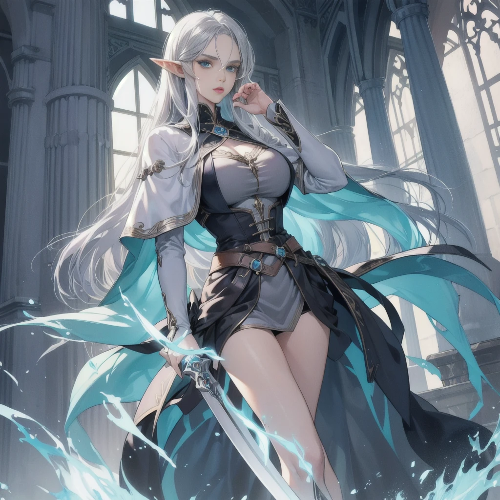 A female elf, dark elf, long silver hair, turquoise blue eyes, thin lips, round face, huge breasts, dark elf, warrior elf holding a sword, inside a huge hall, arrogant look