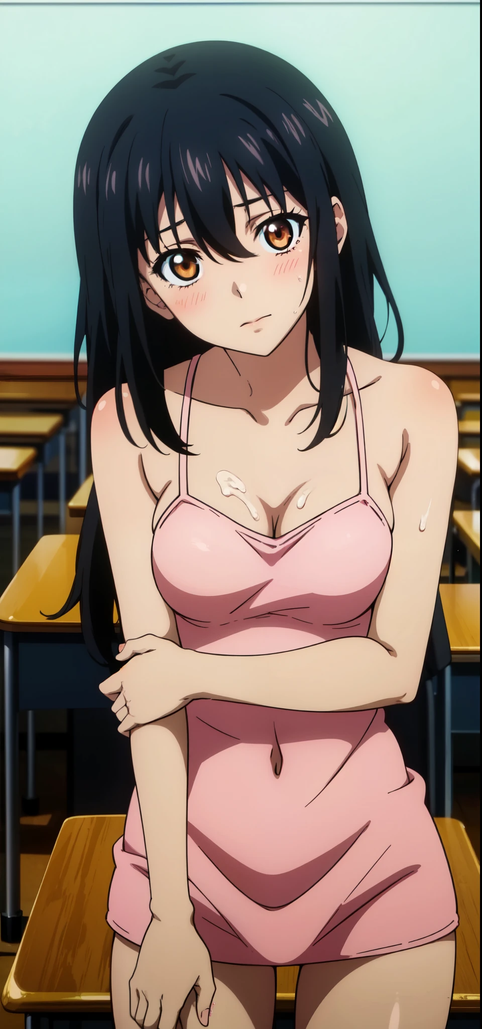 Yukina, black hair, 20-year-old, medium breasts, medium hair,healthy skin, masterpiece,  cowboy_shot, cum, 20-year-old, high quality , classroom, sleeveless, blushed,), 