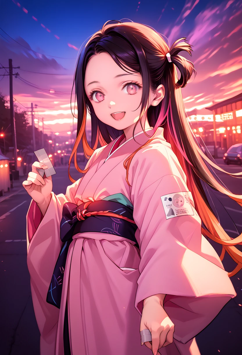 masterpiece, (photorealistic:1.5), Realistic eyes, Asian woman, Best quality, beautiful lighting, professional lighting, Photonic mapping, radiation, physically based rendering,, kamado nezuko, 1 girl, black hair, forehead, hair tape, japanese clothing, kimono, long hair, multicolored hair, open mouth, Pink eyes, pink kimono, pink tape, tape, smile, very long hair, sky, ((got old)),, (RAW photo, 8k contract, granularity)