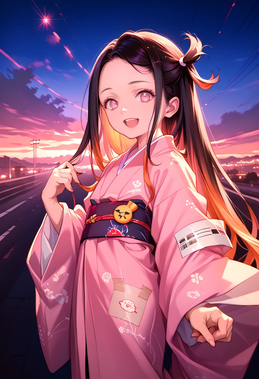 masterpiece, (photorealistic:1.5), Realistic eyes, Asian woman, Best quality, beautiful lighting, professional lighting, Photonic mapping, radiation, physically based rendering,, kamado nezuko, 1 girl, black hair, forehead, hair tape, japanese clothing, kimono, long hair, multicolored hair, open mouth, Pink eyes, pink kimono, pink tape, tape, smile, very long hair, sky, ((got old)),, (RAW photo, 8k contract, granularity)