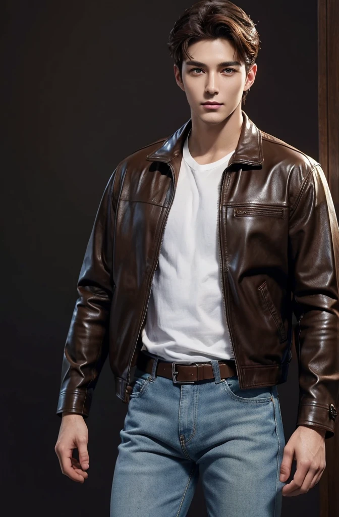 4k, high resolution, best quality, masterpiece, perfect color, perfect shade, perfect lighting, Posted by e621, ((handsome man)), perfect male figure, Short hair details，Detailed face, perfect face, (stood up), Detailed background, ((Bonifasco Lighting)),brown hair, wearing brown leather jacket, denim pants, black leather belt, white shirt, kpop,