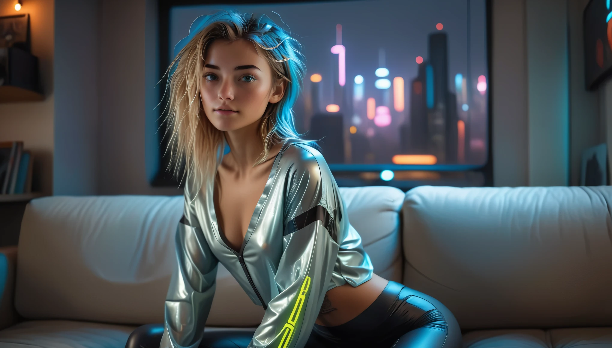 Top Quality, Masterpiece, High Resolution, 8k, (cute skinny barely legal girl ((((in oversized loose shiny crop top with deep cleavage, deep neckline and wetlook leggings)))), small perky breasts, beautiful detailed eyes, beautiful detailed lips, small closed mouth, extremely detailed face, tanned skin, random long hair style, small hips, some tattoos), (((in cyberpunk apartment, next to a couch))), moody atmosphere, dramatic and random neon colors, futuristic setting, intricate details, at night, backlit, full body shot, view from distance, random pose