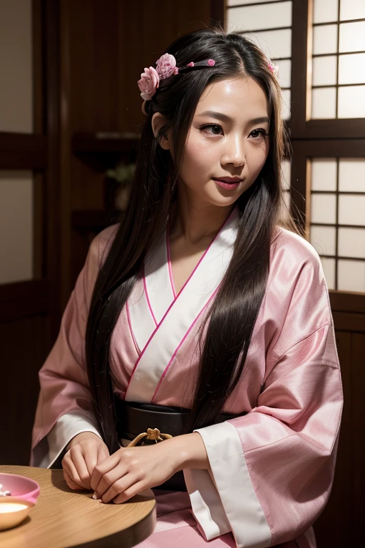 masterpiece, (photorealistic:1.5), Realistic eyes, Asian woman, Best quality, beautiful lighting, professional lighting, Photonic mapping, radiation, physically based rendering,, kamado nezuko, 1 girl, black hair, forehead, hair tape, japanese clothing, kimono, long hair, multicolored hair, open mouth, Pink eyes, pink kimono, pink tape, tape, smile, very long hair, sky, ((got old)),, (RAW photo, 8k contract, granularity)