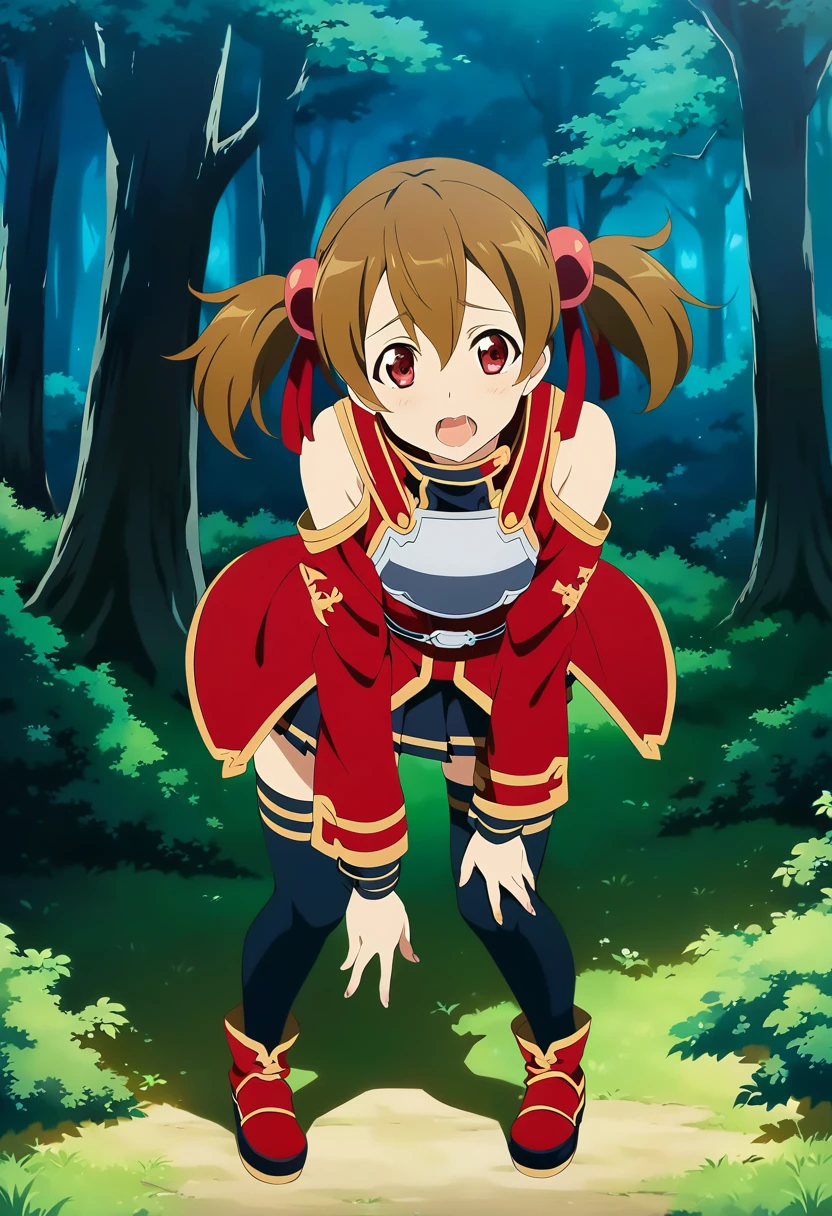 open mouth, saliva, happy, heart shaped eyes , silicabase, brown hair, short twintails, red eyes, armor, short pleated skirt, thighhighs, bare shoulders, hair ribbon, 1girl, solo, red clothing BREAK , looking at viewer, outdoors, dense forest, dappled sunlight, depth of field, cinematic, game cg, anime screencap, official art, masterpiece, best quality, full body shot, exposed pussy, masturbation, fingering pussy, knees bent, bent over
